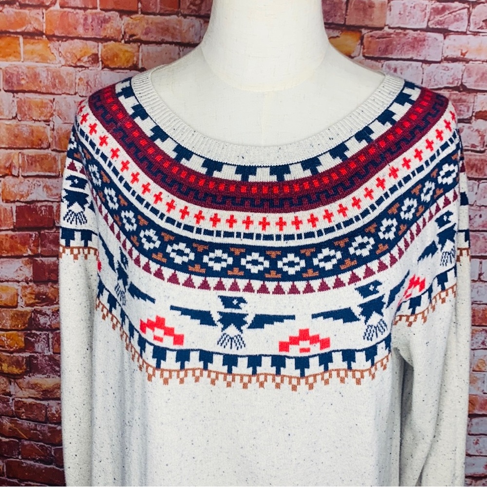 On the Byas Scoop Neck Oatmeal Southwestern Thunderbird Fair Isle Sweater - Picture 3 of 10